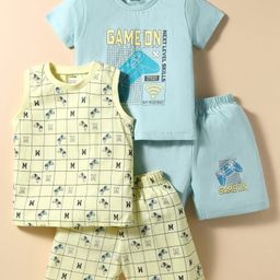 CUCUMBER Sinker Knit Half Sleeves Shorts Co-Ord Night Suits With Gaming Controller Print Pack of 2 - Lemon Yellow & Mint-picture-19