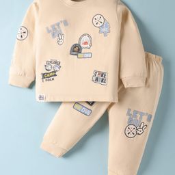 CUCUMBER Sinker Knit Full Sleeves T-Shirt & Joggers Set With Camp Theme Print - Cream-picture-13