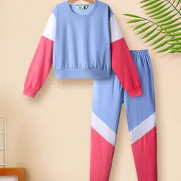 Tiara 100% Cotton Jersey Knit Full Sleeves Color Blocked Tee & Coordinating Joggers Set - Sky Blue-picture-20