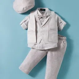 Robo Fry Cotton Woven Full Sleeves Checked Three Piece Party Suit with Cap & Bow - Grey-picture-32