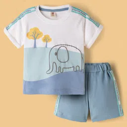 ToffyHouse Cotton Knit Half Sleeves T-Shirt & Shorts Set With Elephant Print - Blue & White-picture-12