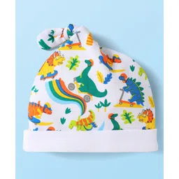 Babyhug 100% Cotton Interlock Knit Cap With Dino Print - White image 2