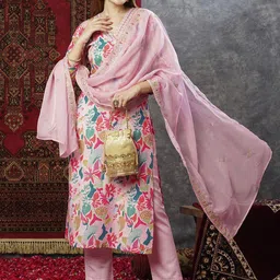 KALINI V-Neck Floral Printed Thread Work Straight Kurta with Trouser & Dupatta-image-73