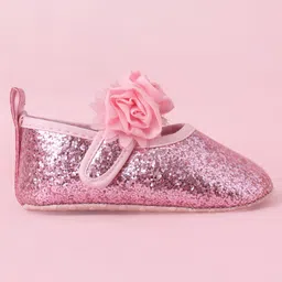 Babyoye Velcro Closure Booties with Floral Applique & Glitter Detailing - Pink image 4