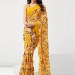 Satrani Turmeric Yellow Floral Print Saree With Unstitched Blouse-image-58