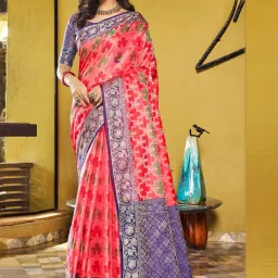 Satrani Pink & Blue Woven Saree With Unstitched Blouse image 4