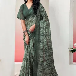 Satrani Green Printed Saree With Unstitched Blouse image 4