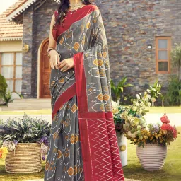 Satrani Grey & Maroon Cotton Printed Saree With Unstitched Blouse image 4