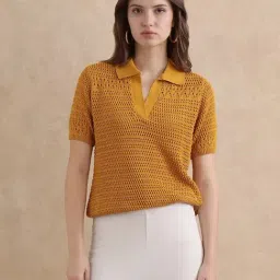 RAREISM Mustard Cotton Solid Short Sleeves Top-picture-18
