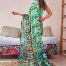 Satrani Green Printed Saree With Unstitched Blouse image 4
