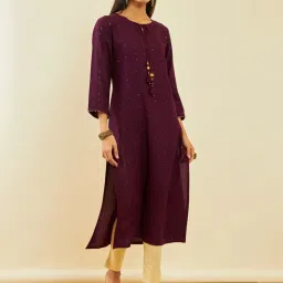 Soch Wine Rayon Sequin Embellished Round-Neck Straight Kurta image 4