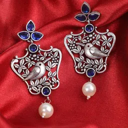 PUJVI Silver-Toned Artificial Stones Studded Oxidised Animal Shaped Drop Earrings-picture-37