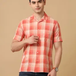 CAVALLO by Linen Club Orange Contemporary Fit Check Shirt-image-41