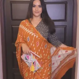 Anjaneya Sarees Orange Woven Cotton Silk Printed Designer Printed Saree With Unstitched Blouse image 4
