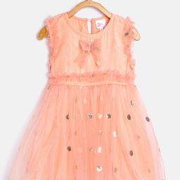 Bella Moda Girls Peach-Coloured Sequinned Net Fit & Flare Dress-picture-15