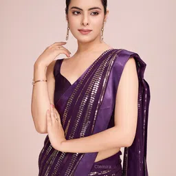 CLEMIRA Striped Embellished Sequinned Pure Georgette Saree image 4