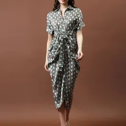 Athena Print Geathered Hem Satin Midi Shirt  Dress-picture-28