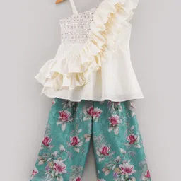 Twisha Sleeveless Ruffle And Mirror Work Embroidered One Shoulder Top With Floral And Checkered Palazzo - Off White-image-51