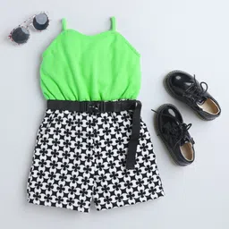 Taffykids Sleeveless  Geometric Printed Knitted Jumpsuit With Belt -  Green & Black-image-37