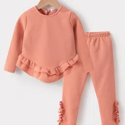 Kookie Kids Full Sleeves Top & Lounge Pants Set With Frill Detailing - Orange-picture-26