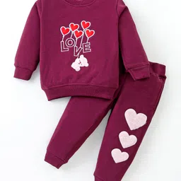 Little Darlings Fleece Knit Full Sleeves Winter Wear Sweatshirt & Joggers Set with Heart Patch & Embroidery - Wine-picture-14
