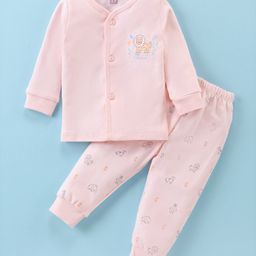 Simply Interlock Knit Full Sleeves Front Open Night Suit with Lion Print - Baby Pink-picture-34