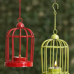 eCraftIndia Set of 2 Red and Green Iron Cage Shaped Tea Light Candle Holders With Hanging Chain-image-78