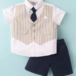 ToffyHouse Cotton Woven Half Sleeves Printed Shirt & Shorts With Attached Waistcoat & Tie - White & Navy Blue-picture-15