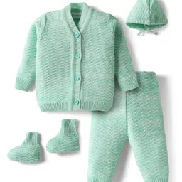 Babyhug Knit Full Sleeves Solid Color Front Open Sweater Set with Cap & Booties - Sea Green-picture-29