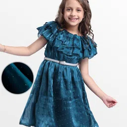 Hola Bonita Woven Frill Sleeves Shimmer Party Dress with Belt & Frill Detailing - Teal Blue-picture-21