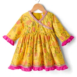 Babyhug Cambric Woven Three Fourth Sleeves Ethnic Dress With Floral Print &With Embroidery Yoke - Yellow-picture-23