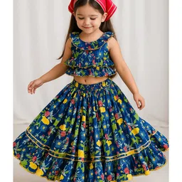 Mamma's Bear Pure Cotton Woven Sleeveless Floral Printed Gota Lace Embellished Coordinating Lehenga Choli With Head Scarf - Blue-picture-10
