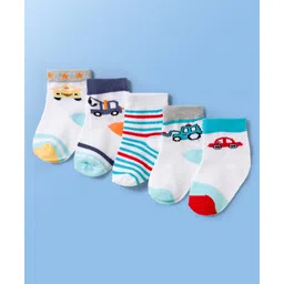 Doodle Poodle Cotton Knit Ankle Length Socks with Stripe & Vehicle Graphic Pack of 5 - Offwhite Blue & Orange-picture-34