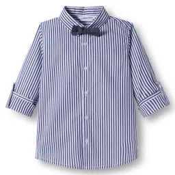 Mark & Mia Woven Full Sleeves Striped Party Shirt & Trouser Set With Bow & Suspender - Blue image 2