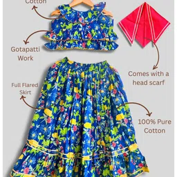 Mamma's Bear Pure Cotton Woven Sleeveless Floral Printed Gota Lace Embellished Coordinating Lehenga Choli With Head Scarf - Blue image 3