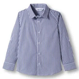 Mark & Mia Woven Full Sleeves Striped Party Shirt & Trouser Set With Bow & Suspender - Blue image 3