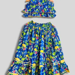 Mamma's Bear Pure Cotton Woven Sleeveless Floral Printed Gota Lace Embellished Coordinating Lehenga Choli With Head Scarf - Blue image 4