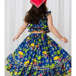 Mamma's Bear Pure Cotton Woven Sleeveless Floral Printed Gota Lace Embellished Coordinating Lehenga Choli With Head Scarf - Blue image 5