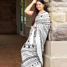 Anjaneya Sarees White Woven Cotton Silk Printed Designer Printed Saree With Unstitched Blouse image 3