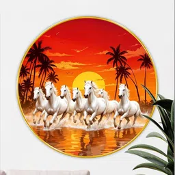 Livin'luxe Orange & White 7 Running Horses Wall Hallway Round Painting Wall Art 16" x 16"-image-52