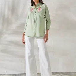 Styli Sage Green Embroidered Oversized Shirt image 4