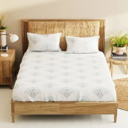 Bianca Monkler Light Sage Cotton Floral 210 TC King Bedsheet with 2 Pillow Covers-picture-1