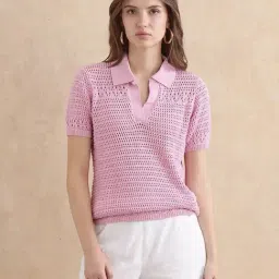 RAREISM Pink Cotton Solid Short Sleeves Top-image-51