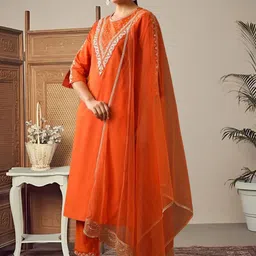HERE&NOW Ethnic Motifs Embroidered Straight Kurta With Trousers & Dupatta image 2
