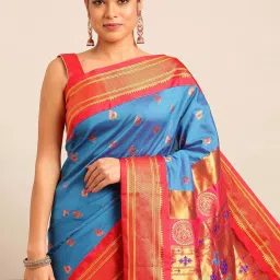Varkala Silk Sarees Turquoise & Red Woven Saree With Unstitched Blouse image 4