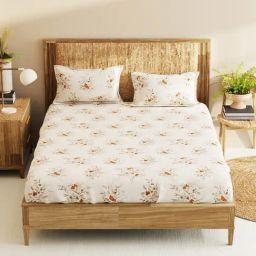 Bianca Monkler White & Apricot Cotton Floral 210 TC King Bedsheet with 2 Pillow Covers-picture-8