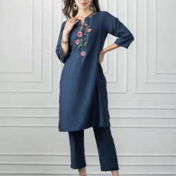 SHAYE Navy Cotton Embroidered Kurta image 4