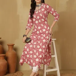 GLAM ROOTS Floral Printed V-Neck Sequinned Pure Cotton Straight Kurta-picture-22