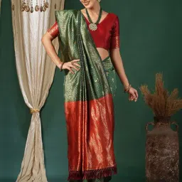 Satrani Green Silk Blend Woven Saree With Unstitched Blouse-picture-13