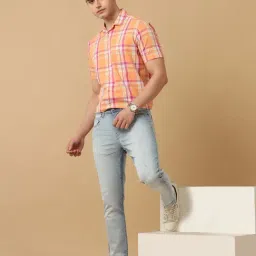 CAVALLO by Linen Club Orange Contemporary Fit Check Shirt image 5